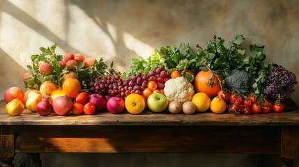 Freshly harvested fruits and vegetables resting on rustic table