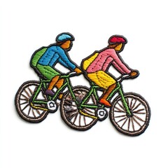 Fototapeta premium Two people riding bicycles, embroidered in colorful thread.