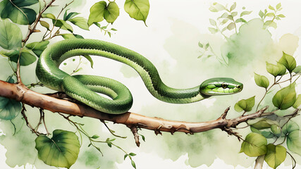 Fototapeta premium Watercolor Oriental poster of green snake. New Year 2025 symbol 
