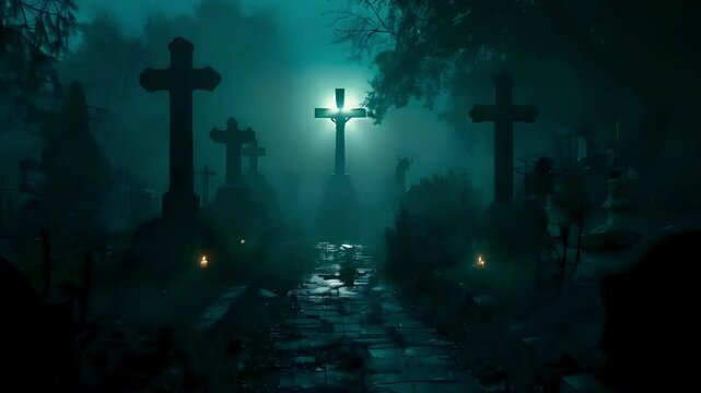 Video recreation of a lugubrious cemetery at night	
