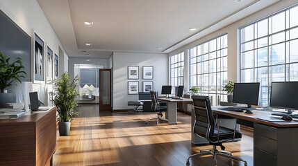 A large open office space with a lot of natural light and plants