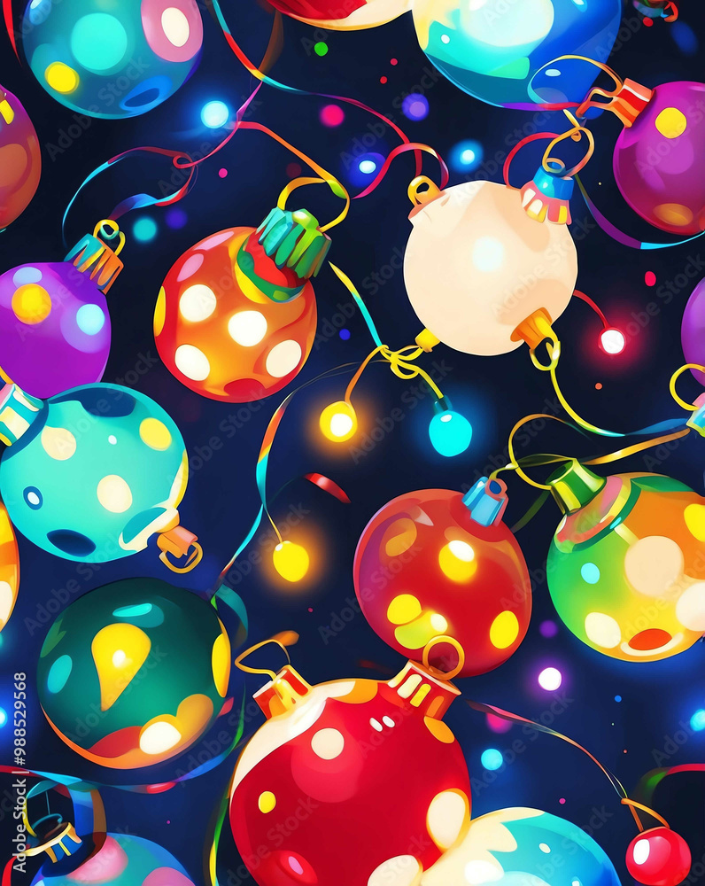 Poster Festive holiday lights and ornaments for Christmas seamless design pattern