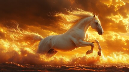 Majestic white horse with a flowing mane, galloping freely across the desert at the sunset.