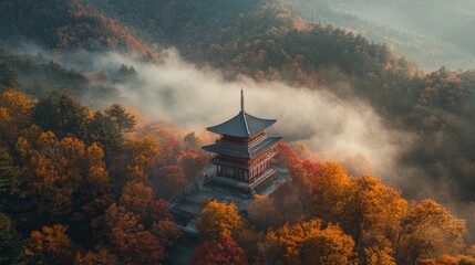 Serene Pagoda in a Foggy Autumn Forest