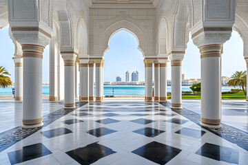Obraz premium Elegant palatial Middle Eastern waterfront luxury building, white, grand archway and columns, black and white stone floor