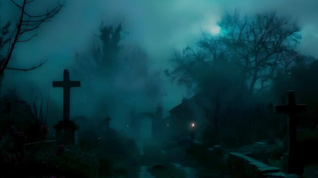 Video recreation of a lugubrious cemetery at fog night	
