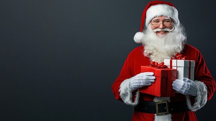 Joyful Santa Claus holding colorful Christmas presents, radiating holiday cheer and warmth. His iconic red suit and white beard create festive atmosphere