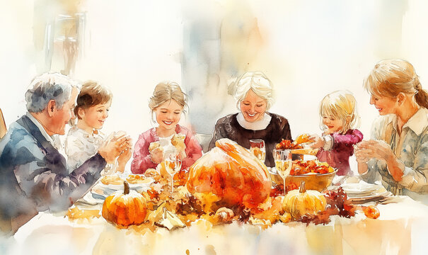 Happiness and dining: family thanksgiving with turkey illustration