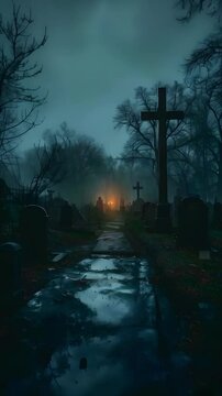 Video vertical recreation of gravestones in a lugubrious cemetery at night