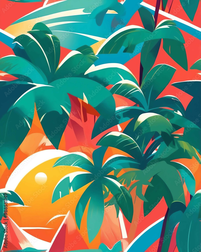 Poster Summer beach scenes with palm trees and sun seamless design pattern wallpaper