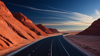 Fototapeta premium A long stretch of highway winding through a desert landscape, with rocky hills and a clear blue sky extending to the horizon
