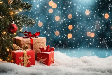 Obraz premium Christmas background. Christmas presents, Christmas, Christmas tree and snow copy-space with generative ai