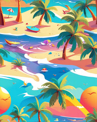 Fototapeta na wymiar Summer beach scenes with palm trees and sun seamless design pattern wallpaper