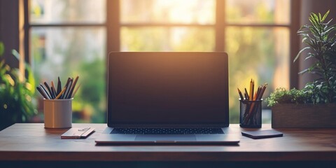Fototapeta premium Modern workspace with a sleek laptop, organized office supplies, softly blurred minimalist background, creating a serene productivity atmosphere