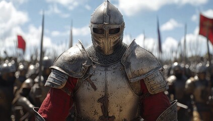 Man wearing Medieval Knights armor with heavy iron helmet