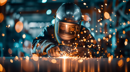 A skilled welder focuses intently on joining metal pieces in an industrial workshop, surrounded by a flurry of bright sparks and glowing lights