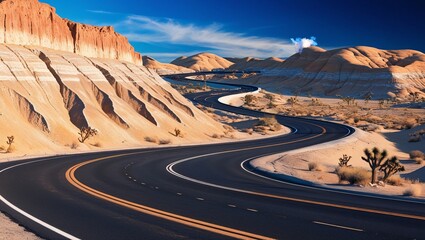 A long stretch of highway winding through a desert landscape, with rocky hills and a clear blue sky extending to the horizon