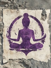 A purple silhouette of a woman meditating in a lotus position, surrounded by a circle, printed on aged paper, pasted onto a stone wall.