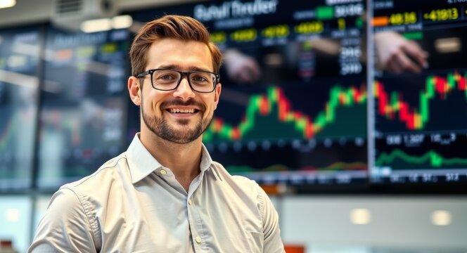 A professional man stands in the securities trading hall, Artificial Intelligence Generated.