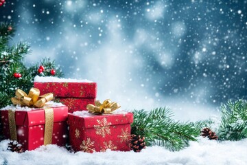 Christmas background. Christmas presents, Christmas, Christmas tree and snow copy-space with generative ai