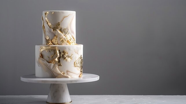 A modern cake design featuring a sleek, minimalist look with marbled fondant and gold leaf accents, perfect for an elegant event. 8k UHD, suitable for high-quality printing or digital display. 