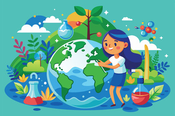 A cheerful girl interacts with a globe surrounded by plants, water, and science tools, highlighting the importance of water conservation and environmental protection.