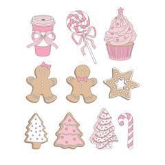 Cute Pink Xmas treats Coffee Lollipop Cupcake Gingerbread Peppermint candy vector clip-art set isolated on white. Coquette Christmas illustration