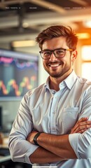 Obraz premium A professional man stands in the securities trading hall, Artificial Intelligence Generated.