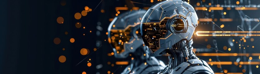 Gemini twin figures as futuristic robots, glowing in silver and gold, surrounded by digital patterns and geometric shapes, no blur, sharp