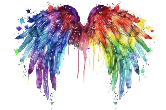Hand-Drawn Wings. Watercolor Illustration of Grunge Style Wings with Paint and Ink Splatters in Rainbow Colors