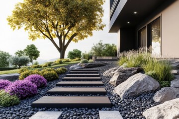 Obraz premium Modern house garden with stone and gravel, an orange tree in the center of the landscape design