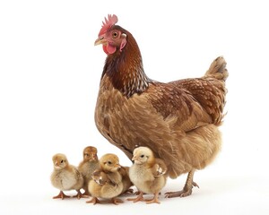 Fototapeta premium Hen And Chicks - A Group of Domestic Birds Standing Together on White Farm Background