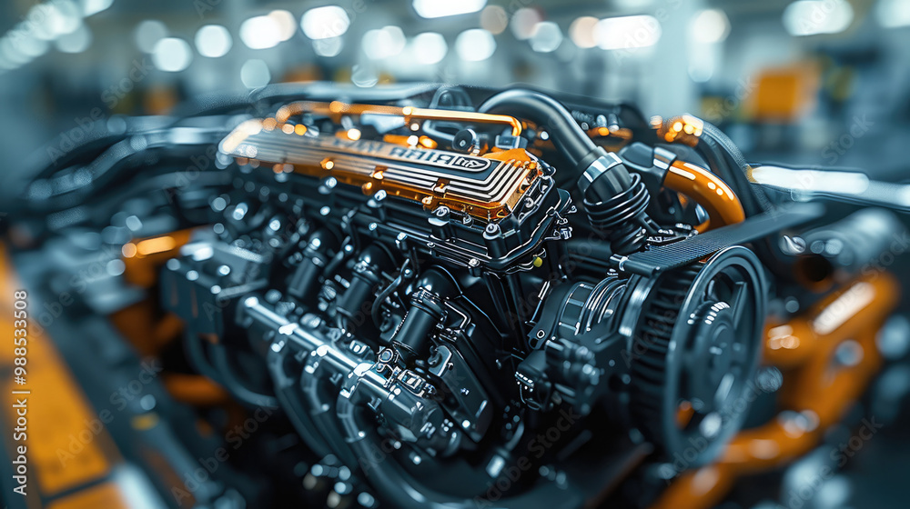 Poster close-up of the engine of an hybrid car in a specialized showroom, . the engine bay is open, showcas