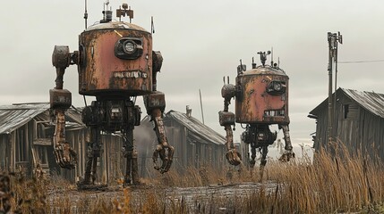 Two Rusty Robots Walking Past Abandoned Wooden Houses in a Foggy Field