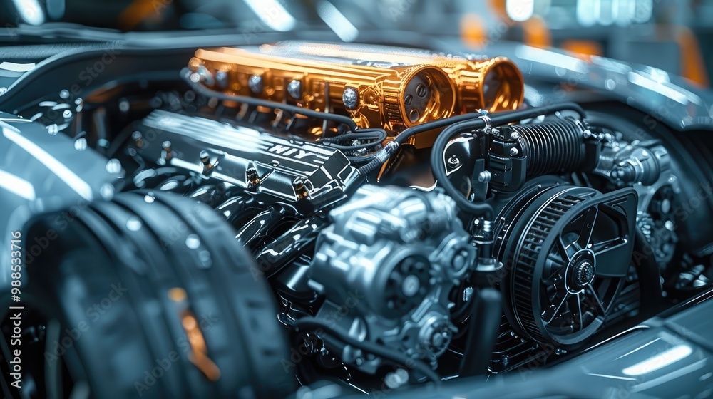 Poster close-up of the engine of an hybrid car in a specialized showroom, . the engine bay is open, showcas