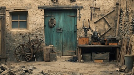 Obraz premium Rustic Workshop with Wooden Door, Old Tools, and Stone Walls
