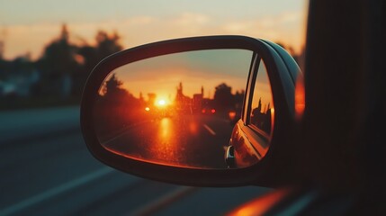 A car's side mirror reflecting a road through the forest at sunset.