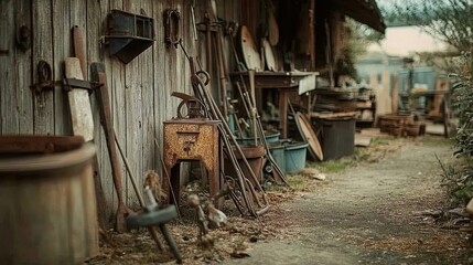Fototapeta premium A Rustic Workshop Exterior with Tools and Equipment