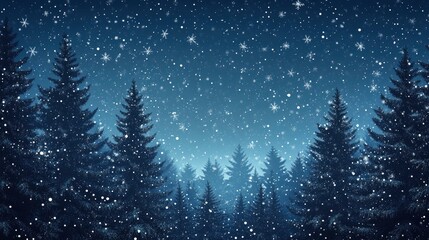 Naklejka premium Christmas Background,Winter Night sky dark blue with starry,snowy in woodland landscape with firs,coniferous forest pine and falling snow,Vector with generative ai