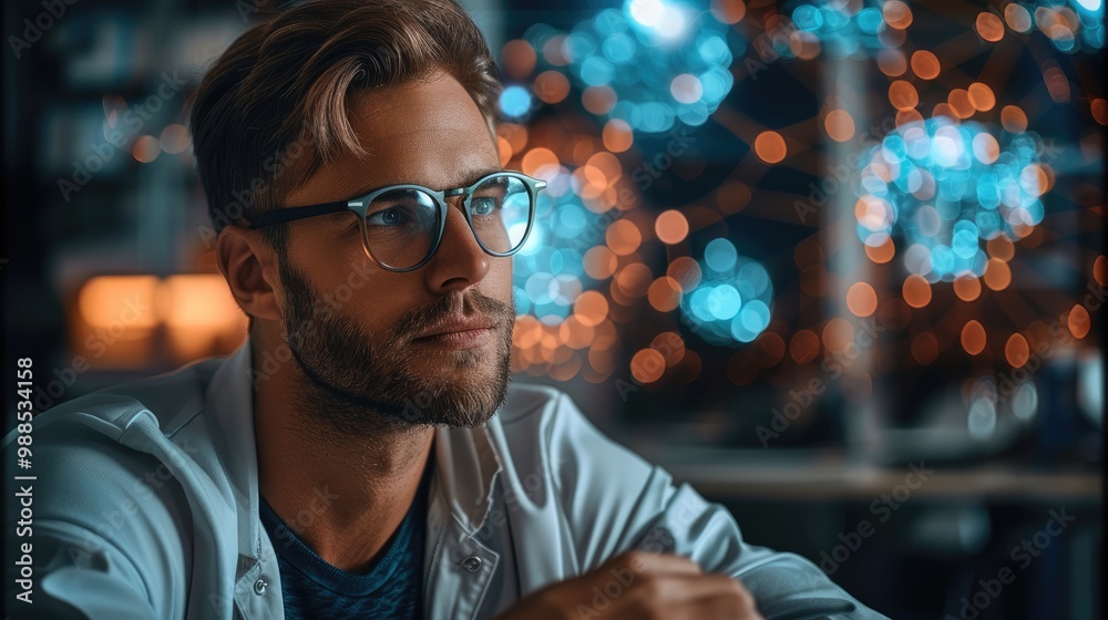 Aufkleber caucasian man in glasses sitting on the table in front of us in glasses looking at the connecting th