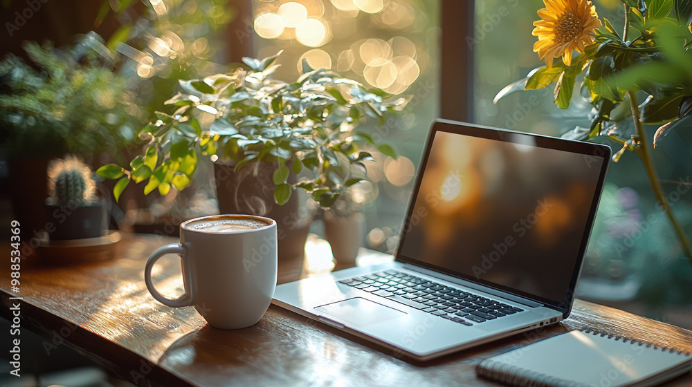Poster a clean and minimalist workspace with a laptop, a notebook, and a steaming cup of coffee,