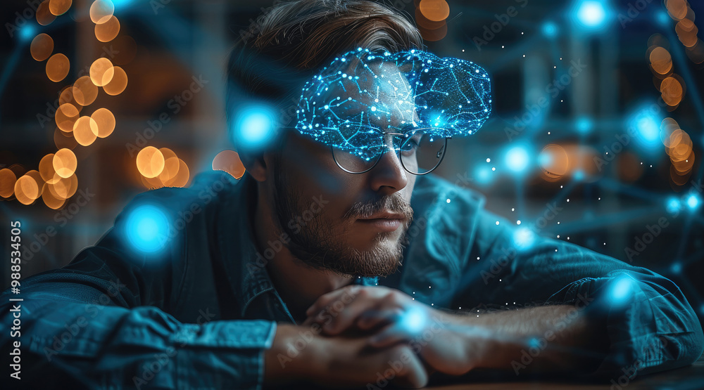 Poster caucasian man in glasses sitting on the table in front of us in glasses looking at the connecting th