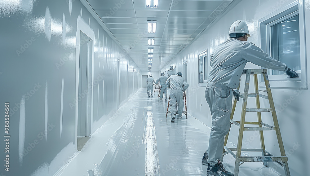 Poster A team of professional painters working in an office building, painting the walls with precision and efficiency. The focus is on attention to detail and teamwork.