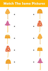 Picture Matching Worksheet for Preschool. Educational activity with cute mushroom illustration. Educational fun game for children.