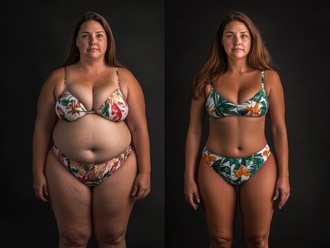 Two women are shown in bikini bottoms, one of whom is overweight