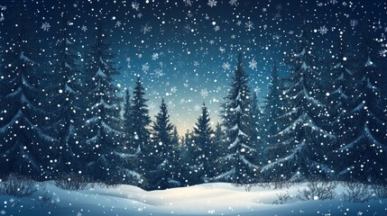 Naklejka premium Christmas Background,Winter Night sky dark blue with starry,snowy in woodland landscape with firs,coniferous forest pine and falling snow,Vector with generative ai