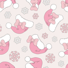 Cute Pink Girly Santa hat with bow vector seamless pattern. Coquette Christmas background.