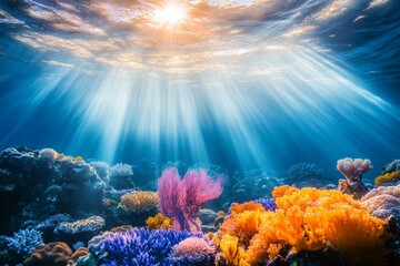 Fototapeta premium Vibrant coral reef in the ocean with sunlight shining through,
