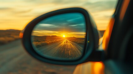 A sunset seen through a car's rearview mirror.