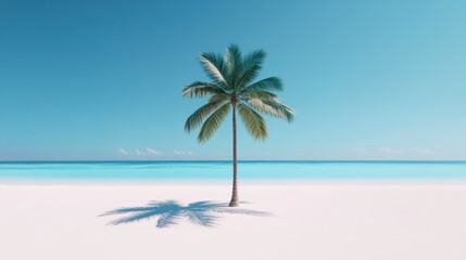 Fototapeta premium A solitary palm tree on a pristine white beach with a backdrop of clear blue ocean and sky, evoking tranquility and tropical vibes.